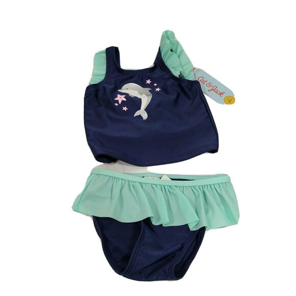 Cat & Jack 2 pc Tankini Swimsuit Dolphin Graphic Girls Size 18 Month Blue NEW - Picture 2 of 9